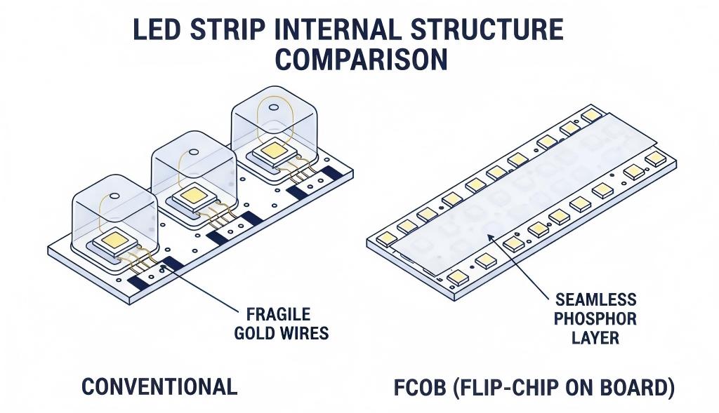 FCOB・従来型SMD LED内部構造比較図：断線リスク低減とシームレス発光の技術解説
