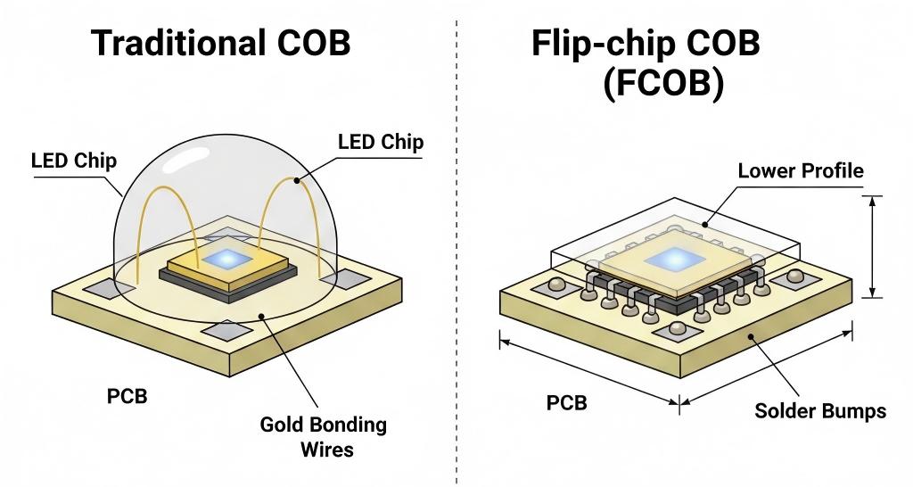 トラディショナルCOB と フリップチップCOB LED 構造比較図